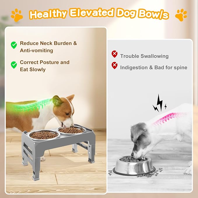Elevated Dog Bowls for Small Medium Dogs 3 Height Adjustable Raised Dog Bowl Stand with 2 Thick 6" Stainless Steel Dog Food Bowls Non-Slip Dog Feeder Adjusts to 2.75" 6", 7.5",