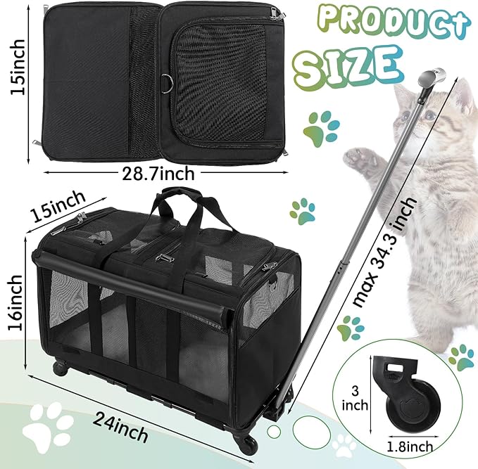 2 Set Double Cat Carrier with Wheel 2 Cats,Rolling