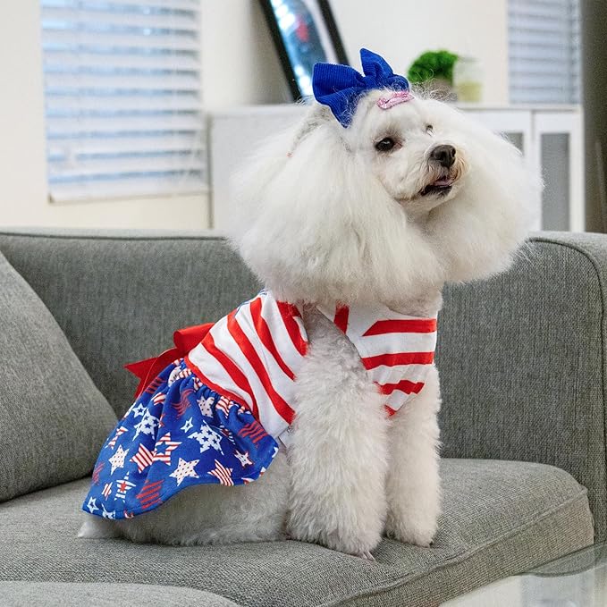 CuteBone Dog Dresses Velvet 4th of July Small Dogs Clothes Onesie Pet Apparel Girl Puppy Skirt with Bow Hair Rope CVA38S-D