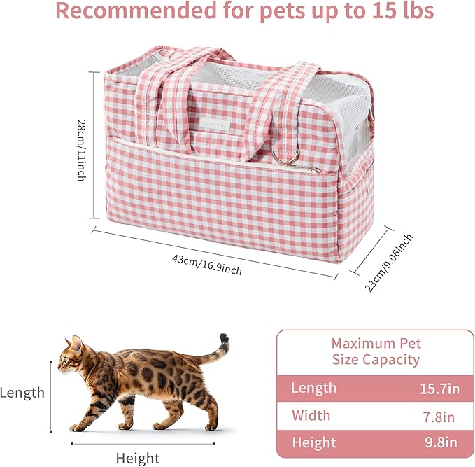 Red Plaid Pattern Cushioned Pet Carrier for Dogs & Cats for Small Medium Pets 15 lbs 15.7 x 7.8 x 9.8 Inch