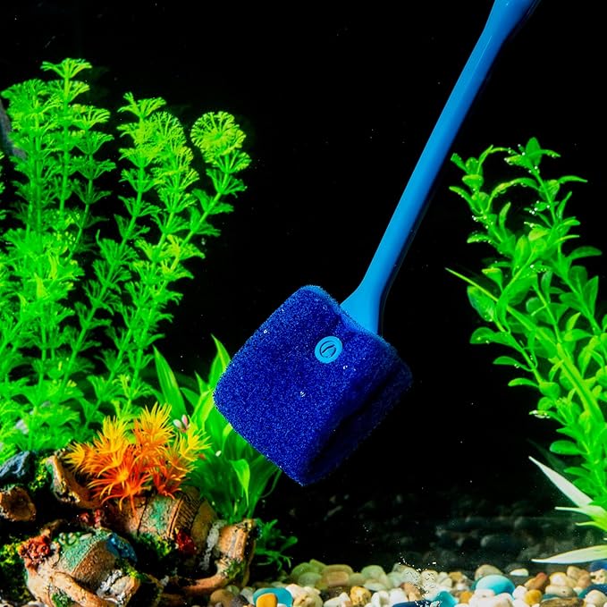 SLSON Aquarium Algae Scraper Double Sided Sponge Brush Cleaner Long Handle Fish Tank Scrubber for Glass Aquariums and Home Kitchen 15.4 inches
