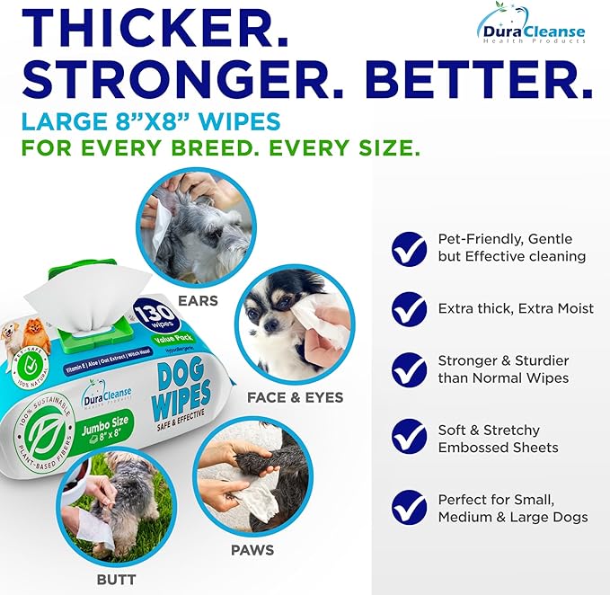 Dog Wipes for Paws and Butt 130 Count 4 Travel 8" x 8" Large