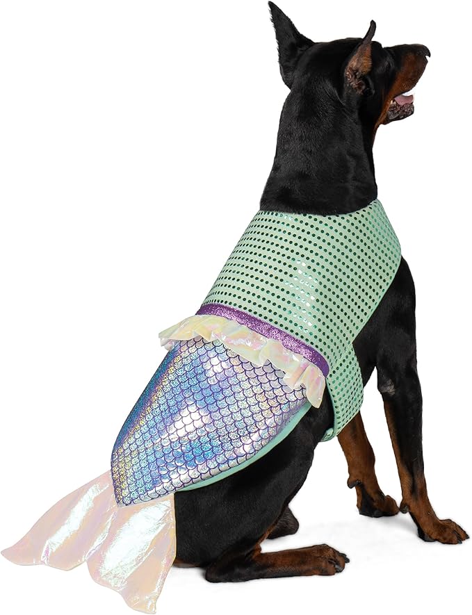 cyeollo Large Dog Costume Mermaid Dog Halloween Costumes Dog Holiday Outfit for Big Dogs Pet Birthday Party Sparkly Clothes