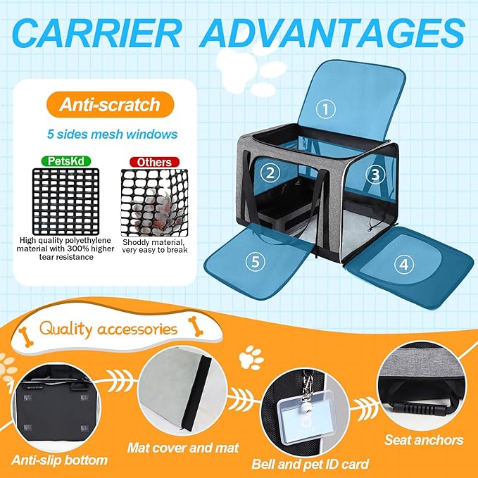 Petskd Large Pet Carrier 24"x17"x17" for Large Cats 2 Cats