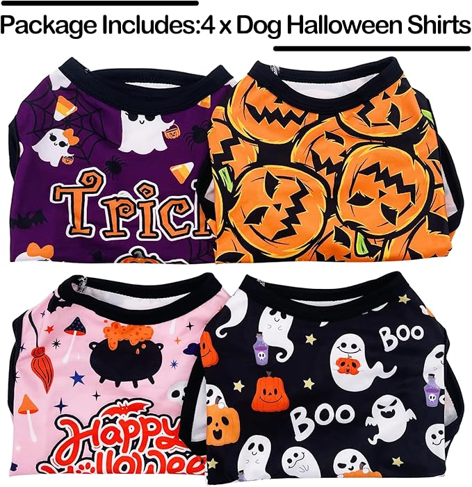 PET SHOW 4 Pack Halloween Dog Shirts for Small Dogs Ghost Pumpkin Doggies Tank Top Tee Black Orange T-Shirts Pets Holiday Party Sleeveless Vest Cats Kittens Puppy Clothes Boys Girls(Small)