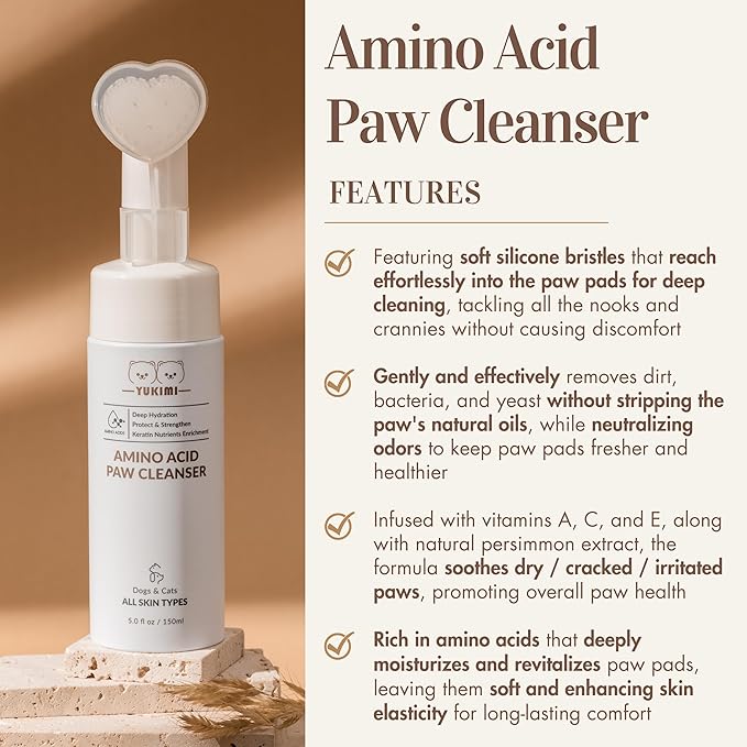 YUKIMI Premium Amino Acid Paw Cleanser with Silicone Bristle Brush for Dogs & Cats 5.0 Fl