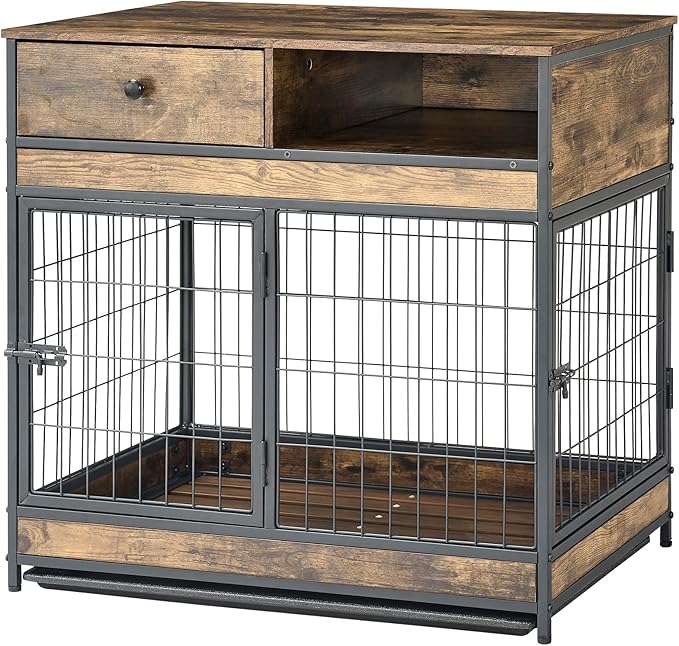 Okak Dog Crate Furniture Wooden Dog Crate Table with Drawers and Wheels Heavy Duty Dog Cage with Double Iron Doors Dog Kennel Indoor for Medium/Large Dog Brown,31.5" L