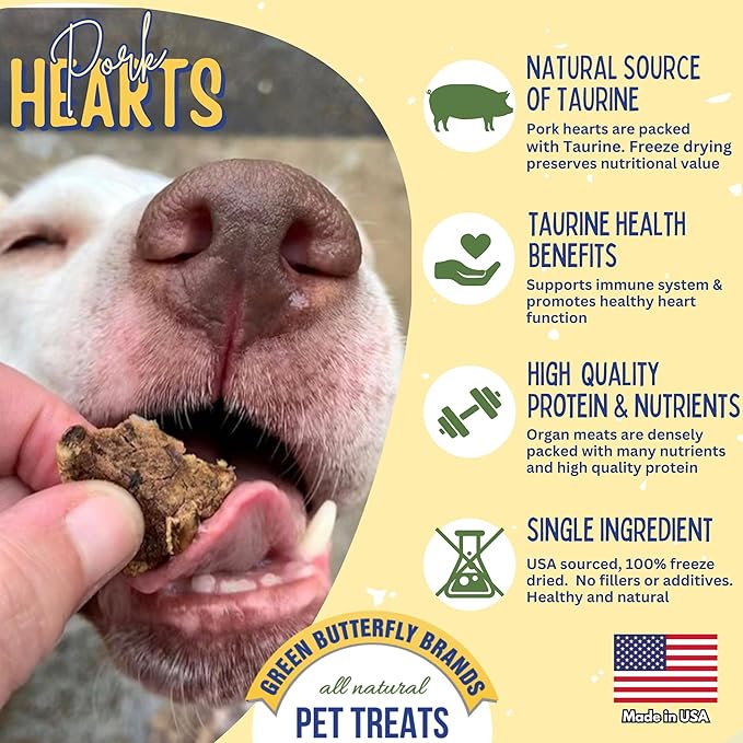 Freeze Dried Pork Heart Dog Treats Made in USA. All Natural Freeze-Dried Raw Snacks for Dogs and Cats. Single Ingredient. High Protein