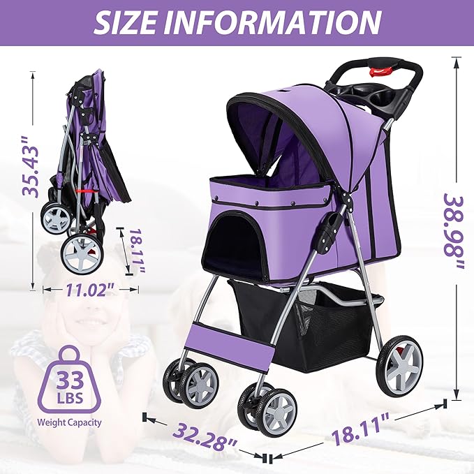 4 Wheels Pet Stroller for Small Medium Dogs Cats 33 lbs