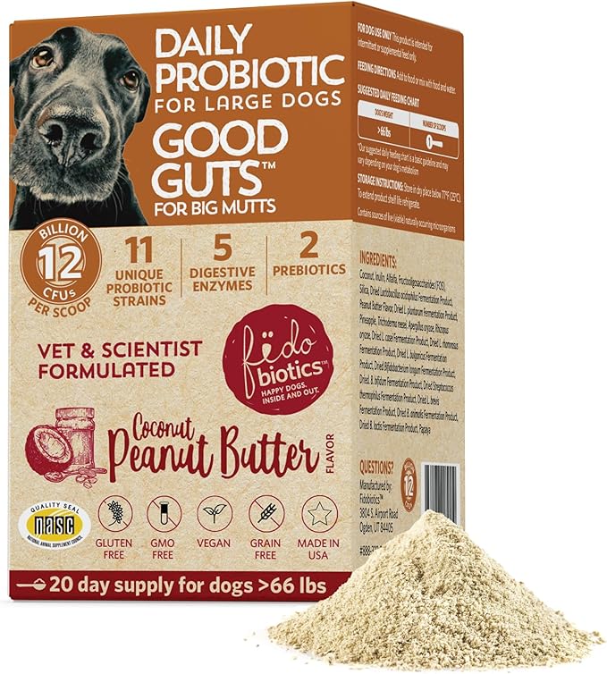 Good Guts for Big Mutts Probiotic for Dogs 12 Billion 11 Strains, 5 Digestive 2 Prebiotics, (20 Days)