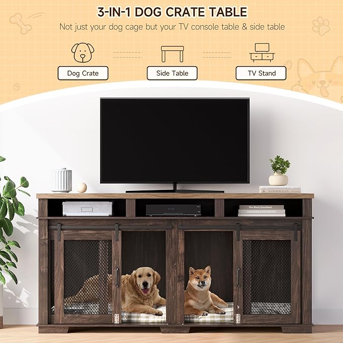 Dog Crate Furniture 71" Heavy 3 Storage 2 Dogs, 2 Sliding