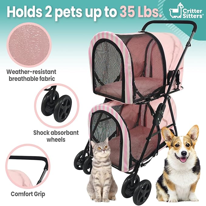 Critter Sitters Double Decker Pet Stroller 35 Pounds, 4-Wheel, Travel