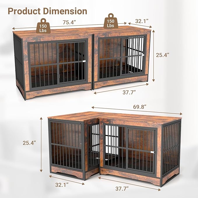 Rovibek Double Dog Crate Furniture 75 Inch, 2 Dogs