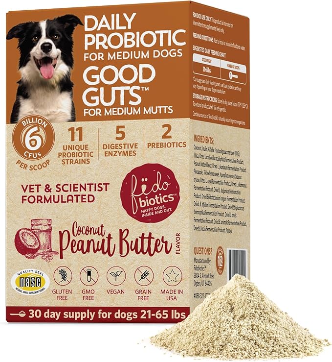 Good Guts for Medium Mutts Probiotic for Dogs 6 Billion 11 Strains, 5 Digestive 2 Prebiotics, (30 Days)