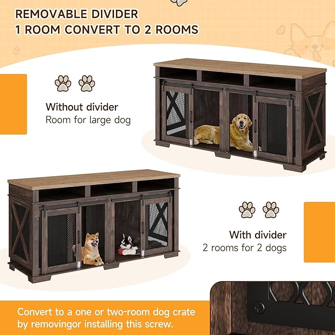 Dog Crate Furniture 71" Heavy 3 Storage 2 Dogs, 2 Sliding