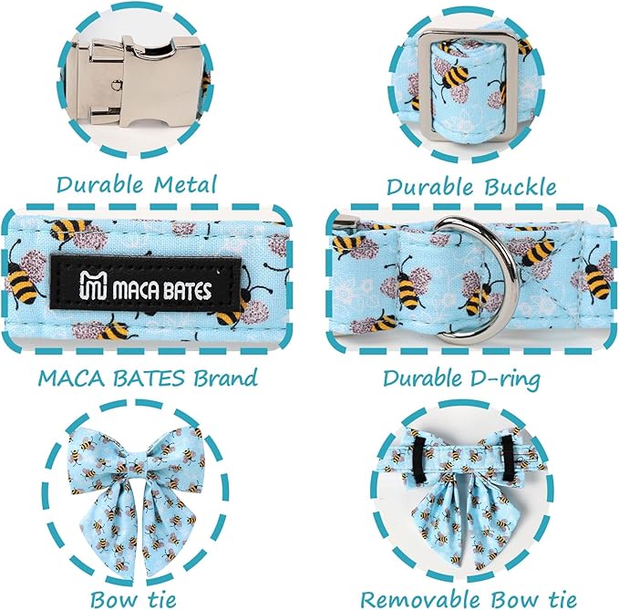 Maca Bates Blue Bee Dog Collar with Bow