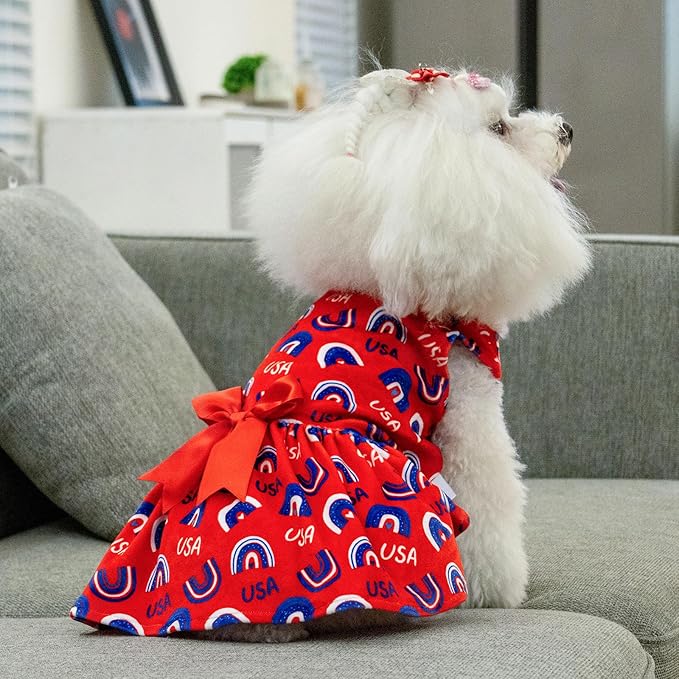 CuteBone Dog Dresses Velvet 4th of July Small Dogs Clothes Onesie Pet Apparel Girl Puppy Skirt with Bow Hair Rope CVA37M