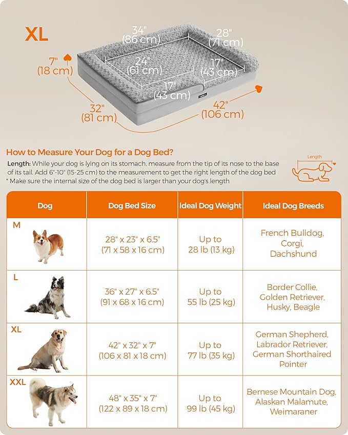 Feandrea Orthopaedic Dog Bed for Large Dogs 42 x 32 x 7 Inches, UPGW253G01