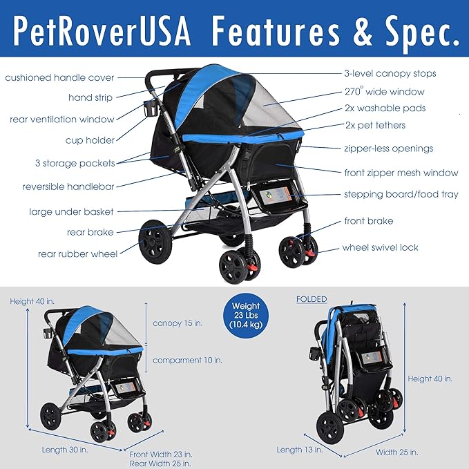 HPZ PET Rover Premium Heavy Duty Dog/Cat/Pet Stroller Travel Carriage with Convertible Compartment/Zipperless Entry/Reversible Handlebar/Pump-Free Rubber Tires for Small