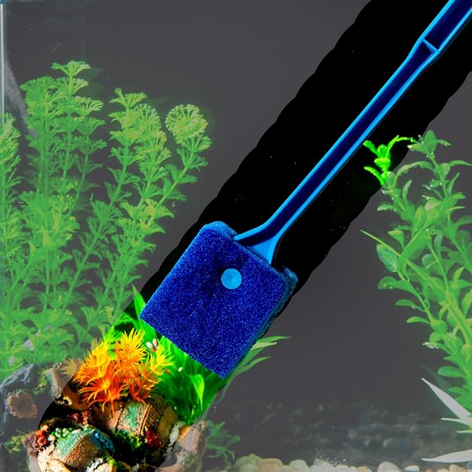 SLSON Aquarium Algae Scraper Double Sided Sponge Brush Cleaner Long Handle Fish Tank Scrubber for Glass Aquariums and Home Kitchen 15.4 inches