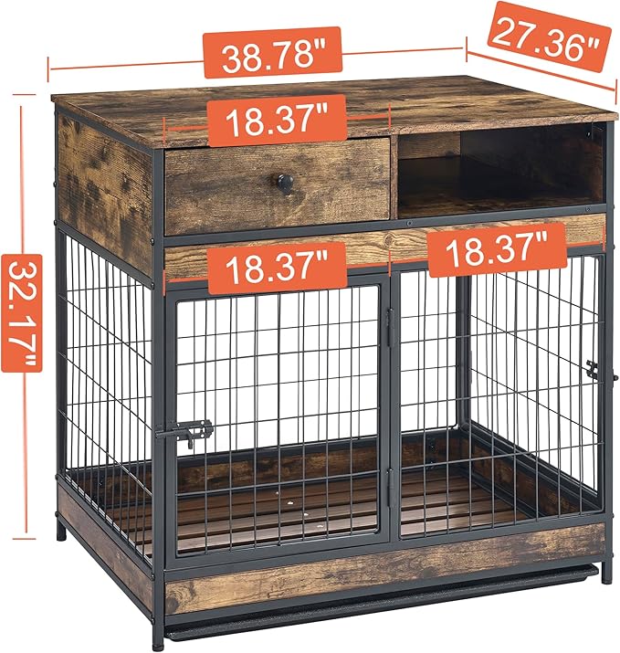 Okak Dog Crate Furniture Wooden Dog Crate Table with Drawers and Wheels Heavy Duty Dog Cage with Double Iron Doors Dog Kennel Indoor for Medium/Large Dog Brown,38.78" L