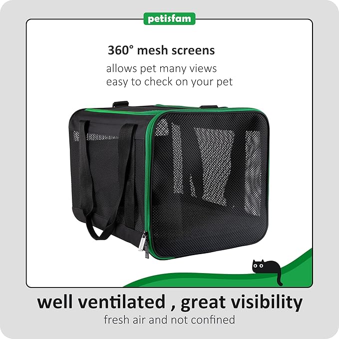 petisfam Easy Load Pet Carrier Bag for Medium or Large Cats with Durable Double-Thickness Fabric and Stable Structure. Black w/Green Trim