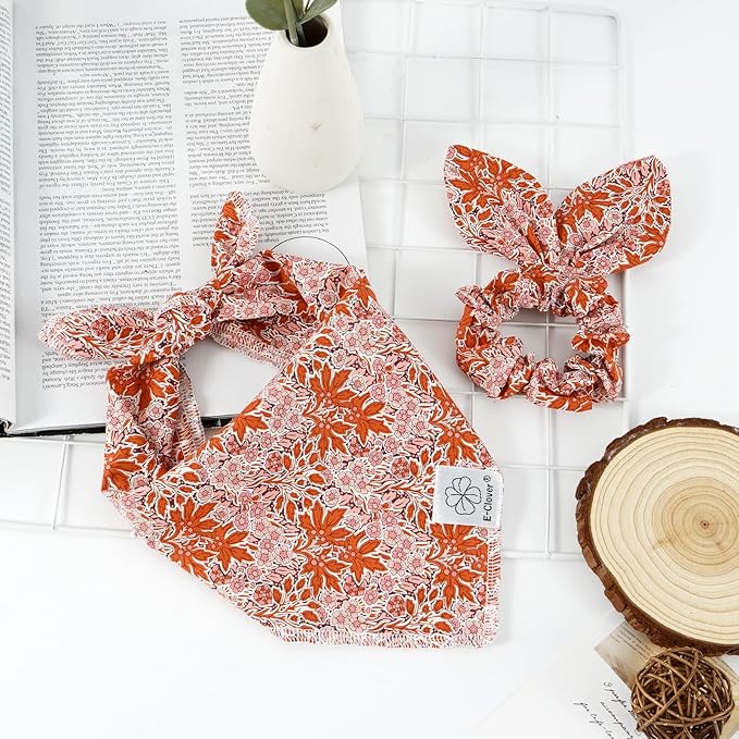 E-Clover Fall Dog Bandana & Matching Scrunchie-Leaves Dog