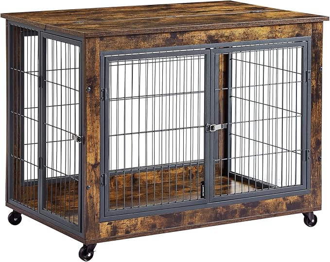 Okak Dog Crate Furniture Wooden Dog Crate With Double Sliding Iron Doors and Lift Top on Casters Heavy-Duty Dog Kennel Indoor for Medium/Large Dog Brown,38.58" L