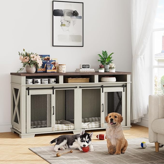 71" Extra Large Dog Crate Furniture 2 Dogs Dogs,3 Storage,White/Dark
