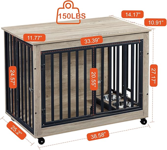 NicBex Dog Crate Furniture Dog Cage with 3 Doors and 2 Feeding Bowls