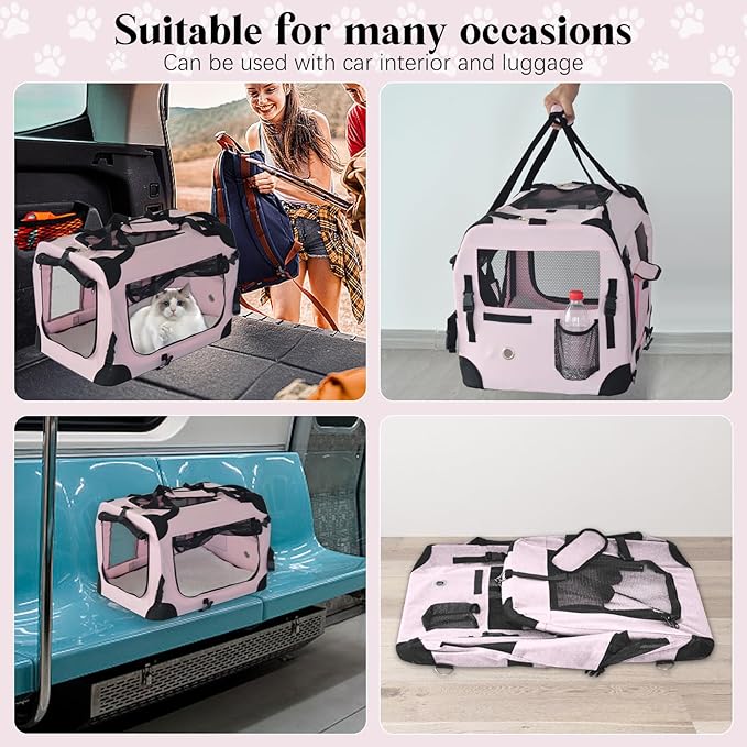 PET Foldable Dog Crate Folding Soft Dog Crate with Carrying Bag Dog Home & Dog Travel Crate Indoor & Outdoor Pet Home (Pink L-30 L 20" W 19" H)