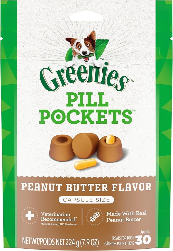 GREENIES PILL POCKETS for Dogs Capsule Size Natural Soft Dog Treats with Real Peanut Butter 7.9 oz. (30 Treats)