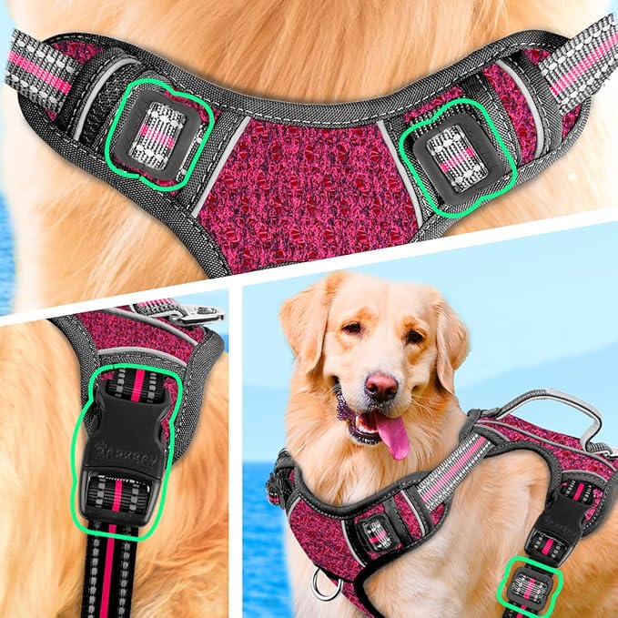 BARKBAY No Pull Dog Harness Large Step in Reflective Dog Harness with Front Clip and Easy Control Handle for Walking Training Running with ID tag Pocket(Pink/Black