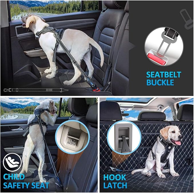 Dog Seat Belt 3-in-1 Car Harness for Dogs Adjustable Safety Seatbelt for Car Durable Nylon Reflective Bungee Fabric Tether with Clip Hook Latch & Buckle