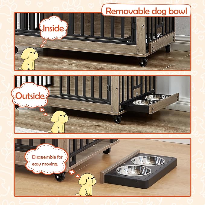 NicBex Dog Crate Furniture Dog Cage with Removable Feeding Bowls and 3 Doors