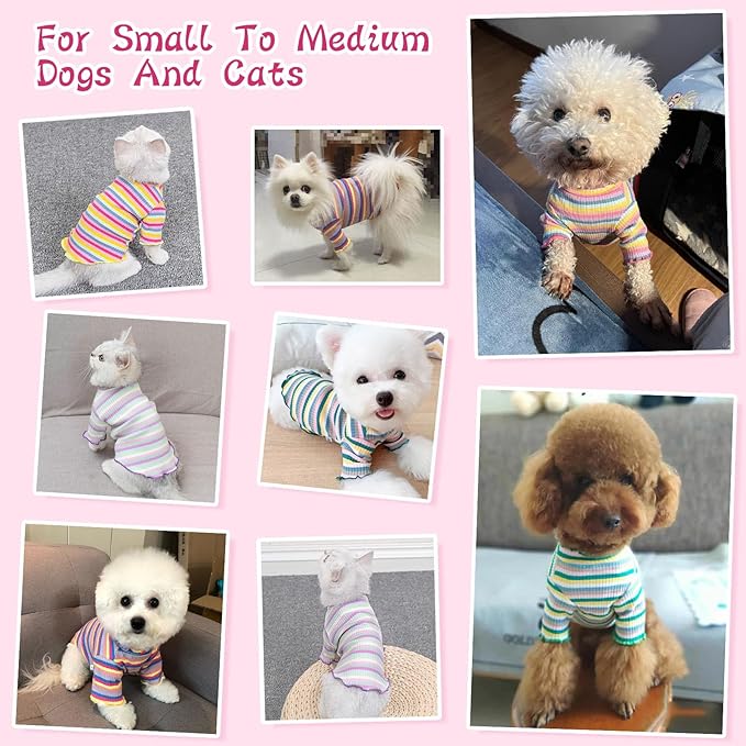 Small Medium Dog Clothes Rainbow Striped Dog Shirts Stretchable Long Sleeve Cat T-Shirt Pet Outfits for Chihuahua Yorkie Teddy (Pink Edge, X-Large)