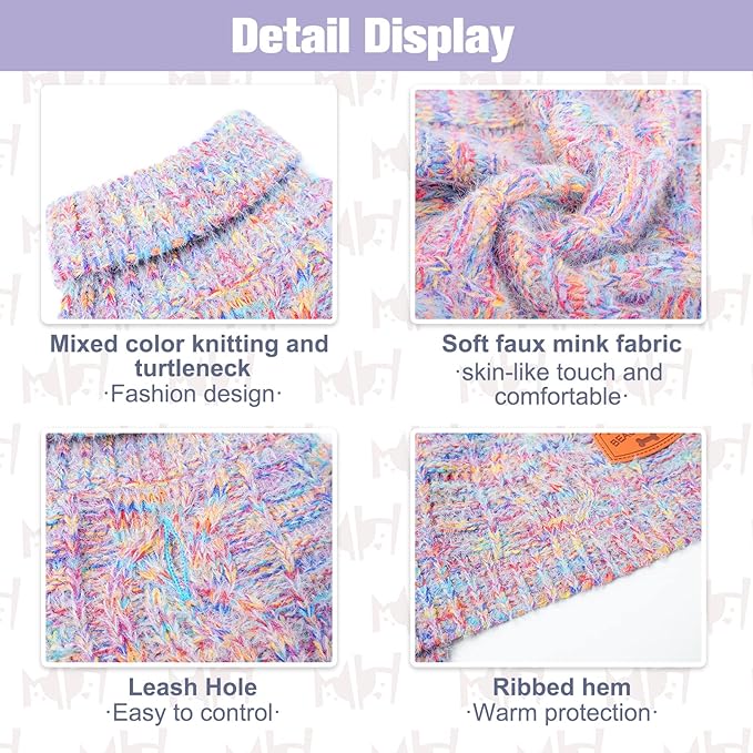 BEAUTYZOO Small Dog Sweater -Turtleneck Pullover Classic Cable Knit Fuzzy Winter Coat Dog Cold Weather Clothes for Small Medium Dogs Puppy Girl Boys(Rainbow Pink, XS)
