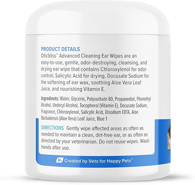 VETNIQUE Oticbliss Advanced Cleaning Ear Wipes for Dogs & Cats for Odor Control 100ct Wipes
