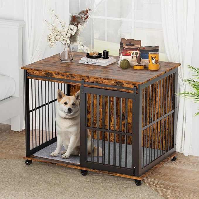 NicBex Dog Crate Furniture Dog Cage with Sliding Iron Doors and Lift Top