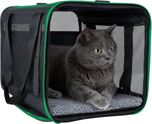petisfam Easy Load Pet Carrier Bag for Medium or Large Cats with Durable Double-Thickness Fabric and Stable Structure. Black w/Green Trim