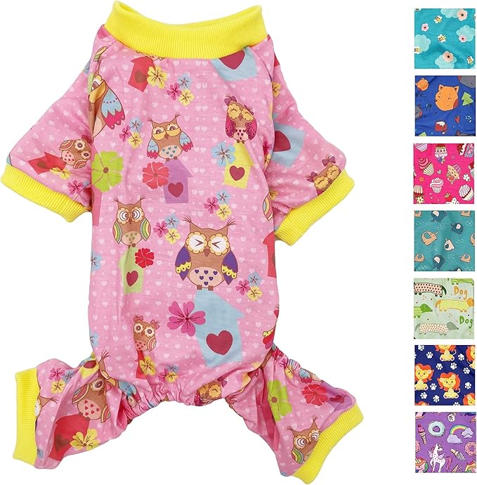 Dog Pajamas Soft COTTON Blend Jumpsuit Cute Pet Clothes for Small Medium Pet (Pink Owls 12", Chest 14" - 17")