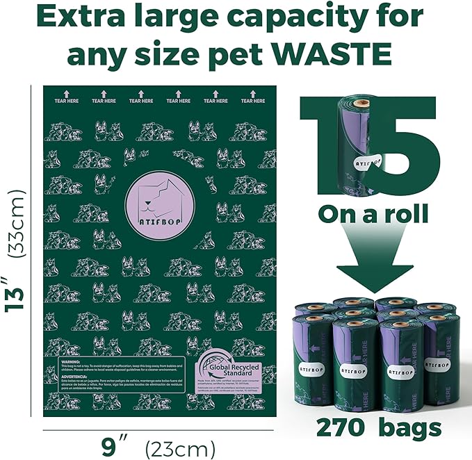 Dog Poop Bags Rolls 270 Bags 18 Refill 65% Recycled