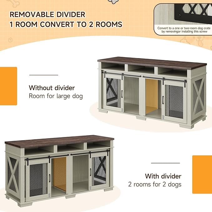 71" Extra Large Dog Crate Furniture 2 Dogs Dogs,3 Storage,White/Dark
