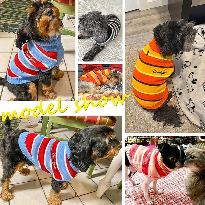 BEAUTYZOO Small Dog Sweater- Striped Pet Sweaters for Spring Summer Dog Clothes, Turtleneck Pullover Knitwear for Small Medium Large Dogs, Warm Coat Easter Outfit for Chihuahua Puppy Cat Boys Girls