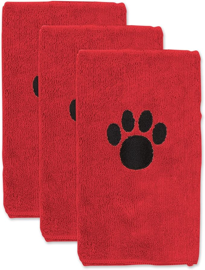 Bone Dry Pet Grooming Towel Collection Embroidered Absorbent Microfiber Drying Set 15x30, Red, 3 Count