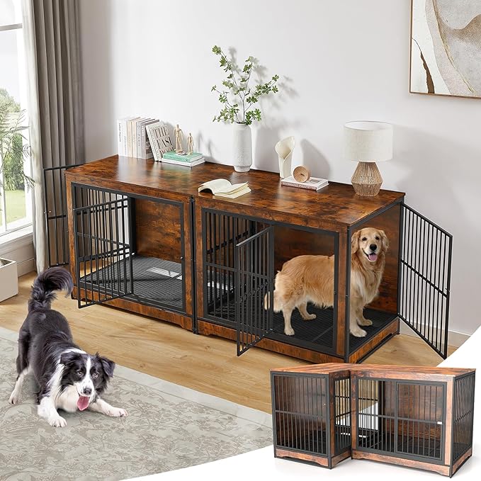 Rovibek Double Dog Crate Furniture 75 Inch, 2 Dogs