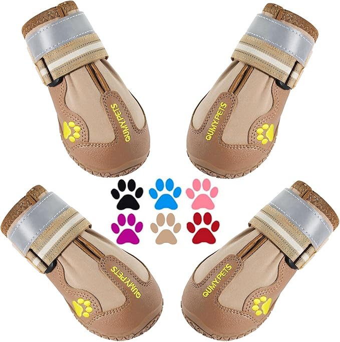 QUMY Dog Shoes for Large Dogs, Medium Dog Boots & Paw Protectors for Winter Snowy Day, Summer Hot Pavement, Waterproof in Rainy Weather, Outdoor Walking, Indoor Hardfloors Anti Slip Sole Khaki 2