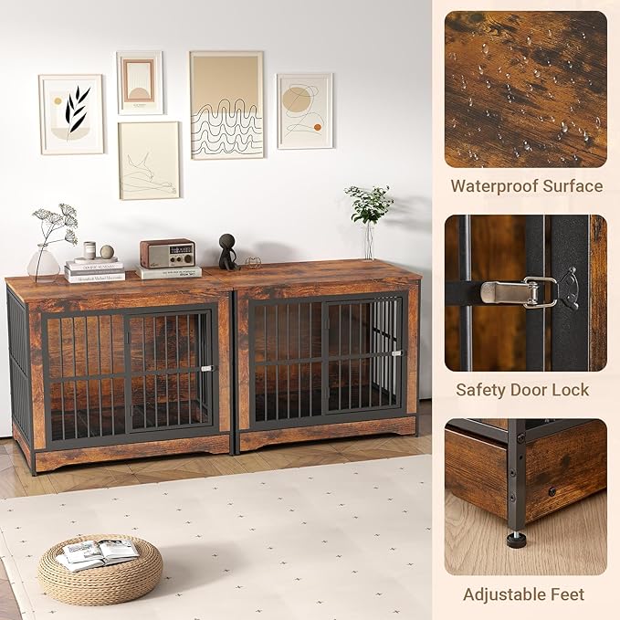 Rovibek Double Dog Crate Furniture 75 Inch, 2 Dogs