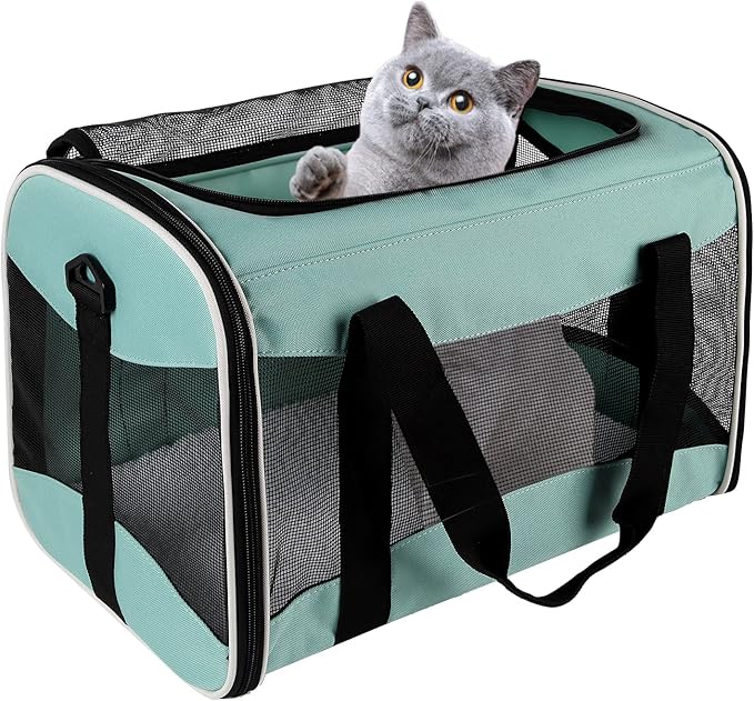 Cat Carrying Case Pet Dog Carrier Soft-Sided Cat Bag Airline Approved 15 Lbs, Dogs(17x11x11 Green)