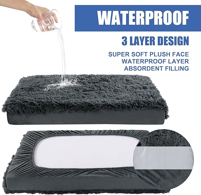 HOMBYS Waterproof Dog Bed Cover Soft Long Plush Replacement & Washable Pet Bed Cover with Elastic Band Protect Dog Pad Only-35x44x6 inches